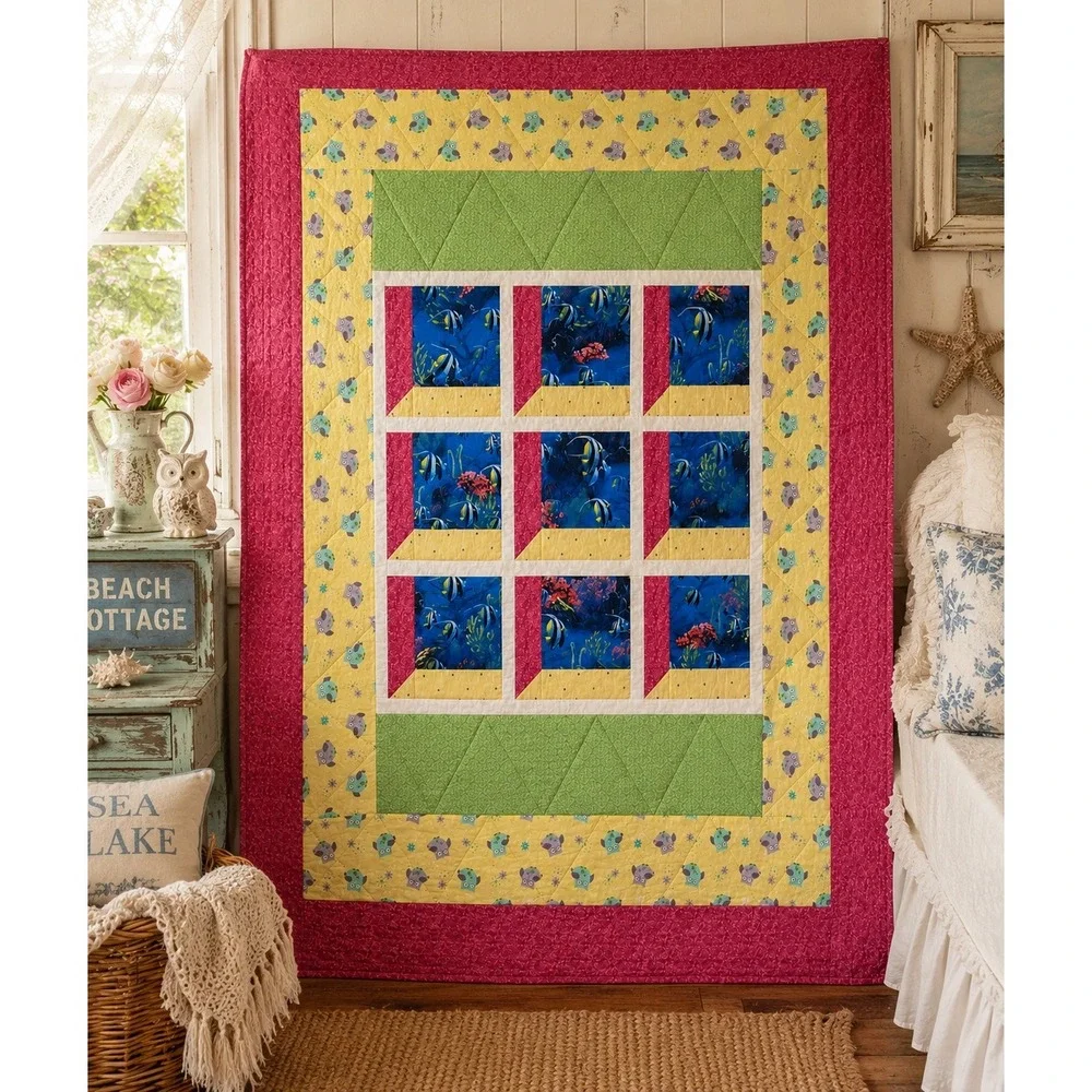 Vintage Handmade Hand Stitched Coastal Fish Quilt Twin Topper 50x60